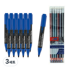 모나미 시그마플로 생잉크 유성매직 120 12p + 스카이글로리 삼각 지우개 연필 12p 세트, 블루, 3세트