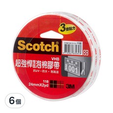 3M Scotch 超強悍VHB膠帶, 24mm x 2yd, 耐高溫, 防水, 抗UV, 三倍黏力, 室內戶外都適用, 6個
