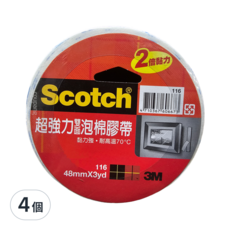 3M Scotch 超強雙面泡棉膠帶, 48mm x 3yd, 黏力強, 耐高溫70°C, 2倍黏力, 4個