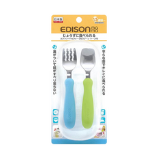 EDISON mama 嬰幼兒學習餐具組 附收納盒 1.5歲以上, 叉子+湯匙, 藍色+綠色, 1歲半以上, 1組