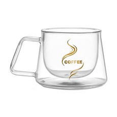 明尚德 時尚隔熱把手雙層咖啡杯, 高硼硅無鉛玻璃, 耐冷耐熱不炸裂, 雙層玻璃設計, 熱飲不燙手, 杯身金色創意印花, 圓潤飽滿, 200ml, 1個