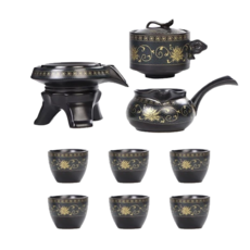 時來運轉 陶瓷 泡茶器 Set, 鎏金自動茶具, 1組, 茶壺 + 茶海 + 底座 + 茶杯 6個, 金盞花