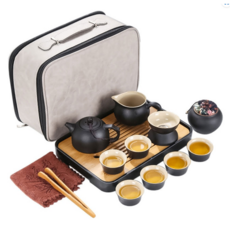麂皮手提旅行皮箱大套裝 九陶壺 Set, 含茶壺/茶杯/茶盤/茶罐, 質感旅行皮箱 類麂皮材質, 1壺6杯, 黑色, 1組
