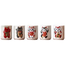 美濃燒 福樂招財貓 清酒杯 五入禮盒組, 陶瓷日本製造, 1組