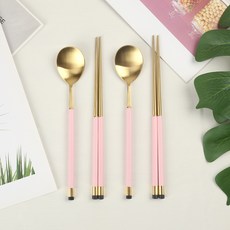 보겐 국산 스퀘어 투톤 골드 수저 2인 세트, 핑크, 숟가락 2p + 젓가락 2p, 1세트