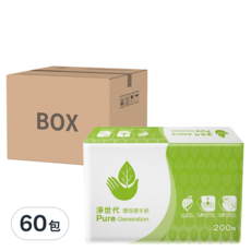 淨世代環保擦手紙, 200抽x20包/箱, 100%回收紙漿製成, 200張, 60包