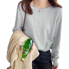 女款薄款圓領羊絨長袖打底衫，灰色, 肩寬34cm 胸寬42cm 袖長49cm 全長54cm