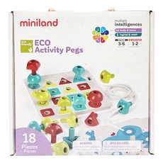 miniland ECO幾何形數色穿繩組, 18入幾何圖形串珠軟底板穿繩組, 1盒