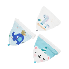 vanibaby 四層紗純棉吸汗巾 墊背巾 3件組 - 小象、小馬、北極熊圖案, 透氣清爽, 邊緣包邊, 藍色小象 + 白色小馬 + 北極熊, 1組