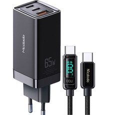 맥도도 GaN PD3.0 PPS 65W 초고속 미니 3포트 멀티충전기 + 디스플레이 C타입 to C타입 PD 고속충전 케이블, 블랙, 1세트