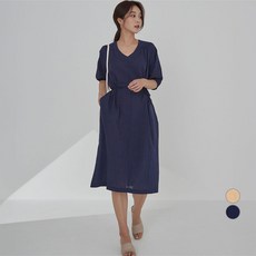 afinar 泡泡袖腰間綁帶素色連身裙, 海軍