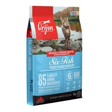 Orijen 歐睿健 全齡貓用 無穀配方 六種鮮魚 乾飼料, 85%優質動物肉含量, 添加冷凍乾燥肝臟, 鱈魚肝凍乾塗層, 野生漁獲, 野生漁獲＋新鮮蔬果, 1kg, 1袋