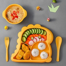 귀여운 아기 공룡 유아 식기 세트, 옐로우, 식판 + 숟가락 + 포크 + 국그릇