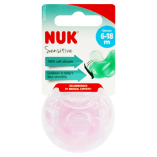 NUK Sensitive 安撫奶嘴, 100%柔軟矽膠, 貼合寶寶臉部曲線, 粉色, 第2階段 6-18個月, 1個