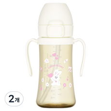 그로미미 유아용 노티드 PPSU 크림버니 스틸프리 빨대컵 1단계 300ml, 2개, 밀크