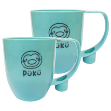 PUKU 藍色企鵝 微笑漱口杯 台灣製 好握把手 附牙刷架 PP材質 安全無毒 240ml, 藍色, 2個