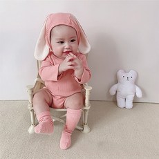 엠케이 신생아 폼폼래빗 바디슈트 3종 세트