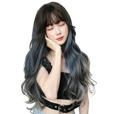 하이유니 옴브레 그레이스 펌 롱 헤어 긴머리 통가발 가발 68cm + 가발망 + 거치대 세트, 헤이즈블루 - 탈색가발