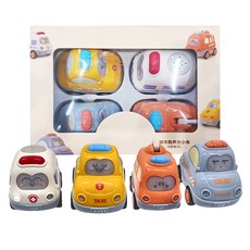Jane&Nini Toy 趣味卡通小汽車聲光益智迴力車套裝, 城市車隊迴力車 (4入組), 啟發認知 堅固耐用 柔和聲光, 9.5 x 6.5 x 7.5cm, 城市卡通車, 1組