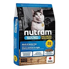 Nutram 紐頓 S5 均衡健康系列 成貓/熟齡貓 乾糧, 添加19種草本, 雞肉和鮭魚優質蛋白, 亞麻籽與鮭魚油, 雞肉 + 鮭魚, 5.4kg, 1袋