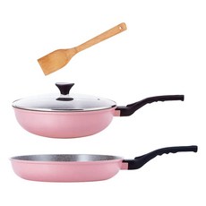 Queen Chef 韓國礦岩鈦合金鑄造不沾鍋雙鍋 Set, 30CM炒鍋+30CM平底鍋+30CM強化玻璃蓋+竹鏟, 公主粉, 1組