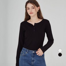 ELLEPARIS 여성용 헨리넥 슬림핏 립 긴팔 티셔츠