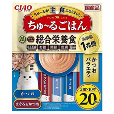 INABA CIAO 啾嚕 1兆乳酸菌 綜合營養食多功能配方 SC-472, 貓咪主食, 兩種口味x10本 共20本, SC-472 鰹魚/鮪魚 + 鰹魚, 280g, 1袋