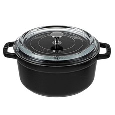 staub Gogotte圓形雙耳鑄鐵鍋+玻璃鍋蓋, 黑色, 24cm, 1個