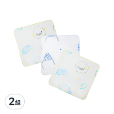 PiYOPiYO 黃色小鴨 雙層水洗印花手帕, 100%純棉 柔軟親膚 吸汗透氣 3入, W30 x L30cm, 藍色, 2組