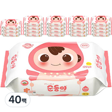 순둥이 베이직 무향 엠보싱 유아물티슈 리필형 55평량, 100매, 40팩