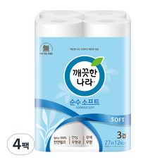 깨끗한나라 순수 소프트 천연펄프 3겹 고급롤화장지, 27m, 12개입, 4개