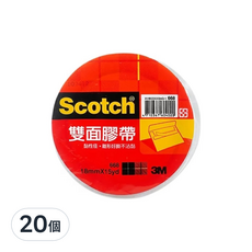 3M Scotch 雙面膠帶 黏性佳 離形好撕不沾黏 18mmx15yd, 20個