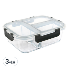 글라스듀 직사각 내열유리 세칸찬통 1040ml 그레이, 3세트, 본체 + 뚜껑