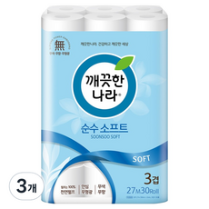 깨끗한나라 순수 소프트 천연펄프 3겹 화장지, 27m, 30롤, 3개