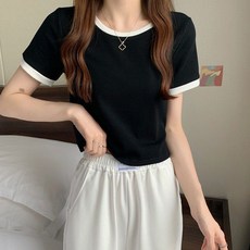 엘쏘 여성용 라운드 넥 시보리 배색 반팔 티셔츠 쏘 여성용 라운드 넥 시보리 배색 반팔 티셔츠