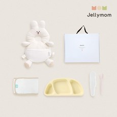 젤리맘 신생아 출산선물 아기머리보호대 + 실리콘 아기식판 + 이유식스푼 + 오가닉 스트랩 세트, 토끼 크림(보호대), 옐로우(식판), 베이비핑크(스푼), 1세트