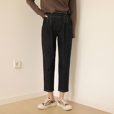 빼빼 여성용 밴딩 투핀턱 스티치 배기 데님 팬츠