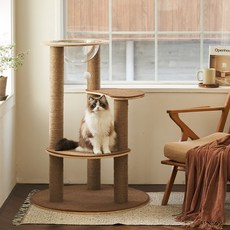 삼익가구 그라운캣 고양이 3단 베이직 원목 캣타워 풀세트 스크래쳐 기둥 + 카펫 + 투명 해먹, 브라운, 1세트