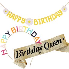 조이파티 데이지 생일 가랜드 + 메탈릭 생일 머리띠 + 글리터 생일 어깨띠 Birthday Queen 세트, 옐로우(가랜드), 레인보우(머리띠), 골드(어깨띠), 1세트
