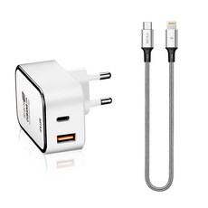 이츠라이프 쿠바나 슬림 USB 듀얼 고속 충전기 PD C TO C 퀄컴 3.0 18W + 칸쿤 USB PD C타입 TO 8핀 고속 충전 케이블 2M 세트, 그레이, 1세트