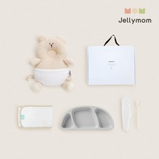젤리맘 신생아 출산선물 아기머리보호대 + 실리콘 아기식판 + 이유식스푼 + 오가닉 스트랩 세트, 곰돌이 오트밀(보호대), 그레이(식판), 크림베이지(스푼), 1세트