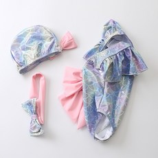 愛北鼻 寶寶美人魚泳衣, 連體泳衣+泳帽, 美人魚造型, 可愛蝴蝶結, 1入