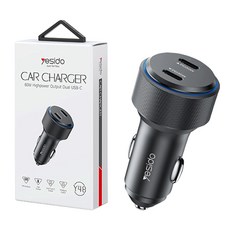 Yesido Y48雙PD鋁合金車充60W(黑) 雙Type-C車用快速充電器, Y48, 黑色