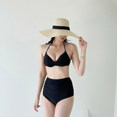 오키 여성 썸웨이 셔링 끈 비키니 수영복, 블랙