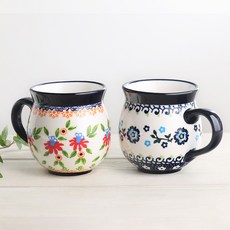 프라카 폴란드풍 도자기 항아리 머그컵 중 350ml 2종 세트, 씨플라워 + 블루벨, 1세트