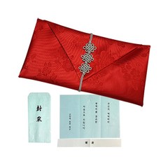 지성 현금예단 파우치형 매듭보자기 + 고급 봉채봉투, 홍색, 1매