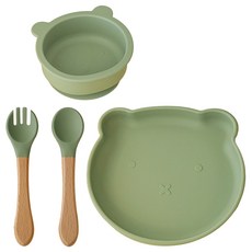 Peripia幼兒用Baby熊熊矽膠吸附餐具 4件組, 1組, 碗+盤+湯匙+叉, WarmHub Green