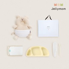 젤리맘 신생아 출산선물 아기머리보호대 + 실리콘 아기식판 + 이유식스푼 + 오가닉 스트랩 세트, 곰돌이 오트밀(보호대), 옐로우(식판), 크림베이지(스푼), 1세트
