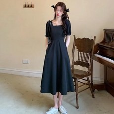 PEONIST 仙女方領中長連身裙, 黑色