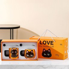 언제나 너와 함께 집들이 생일 선물 러브 마이 스위트 캣 머그컵 380ml + 400ml + 머들러 2p + 선물 포장 세트, 오렌지, 1세트 오렌지, 1세트